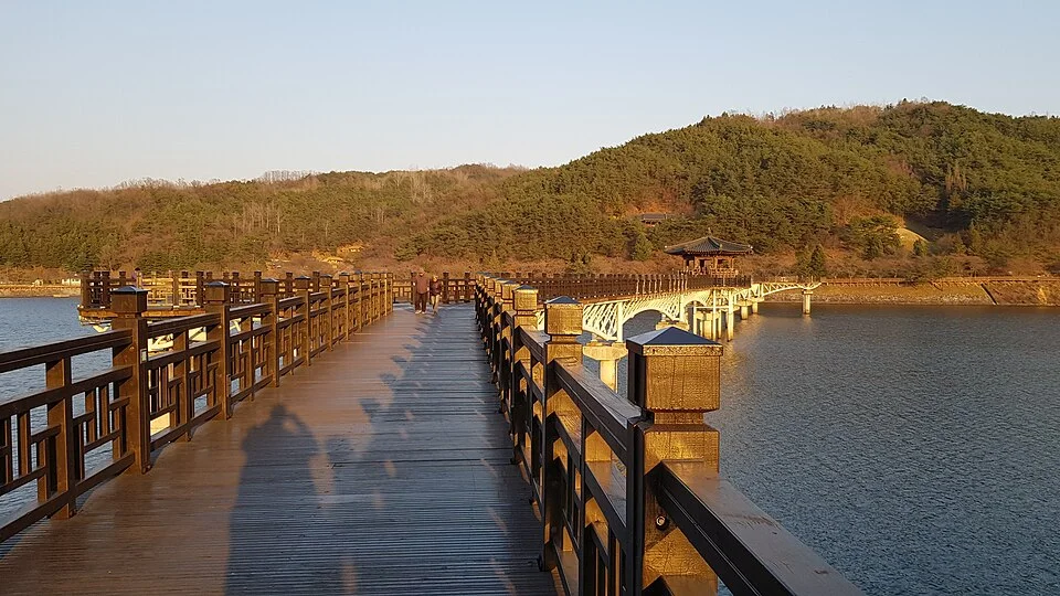 해 질 무렵 월영교 나무 보행로와 호수 너머 산이 보이는 풍경