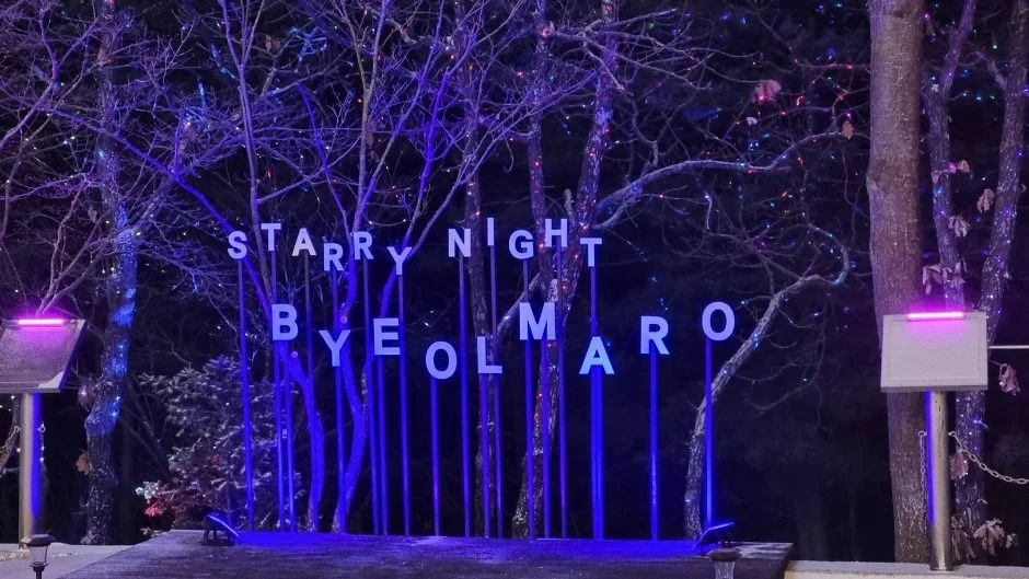 나무 사이에 조명이 켜진 STARRY NIGHT BYEOLMARO 글자 설치물