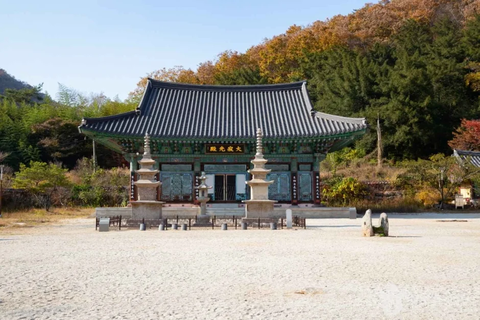 넓은 마당 너머 석탑 두 기를 앞에 둔 기와지붕 전각