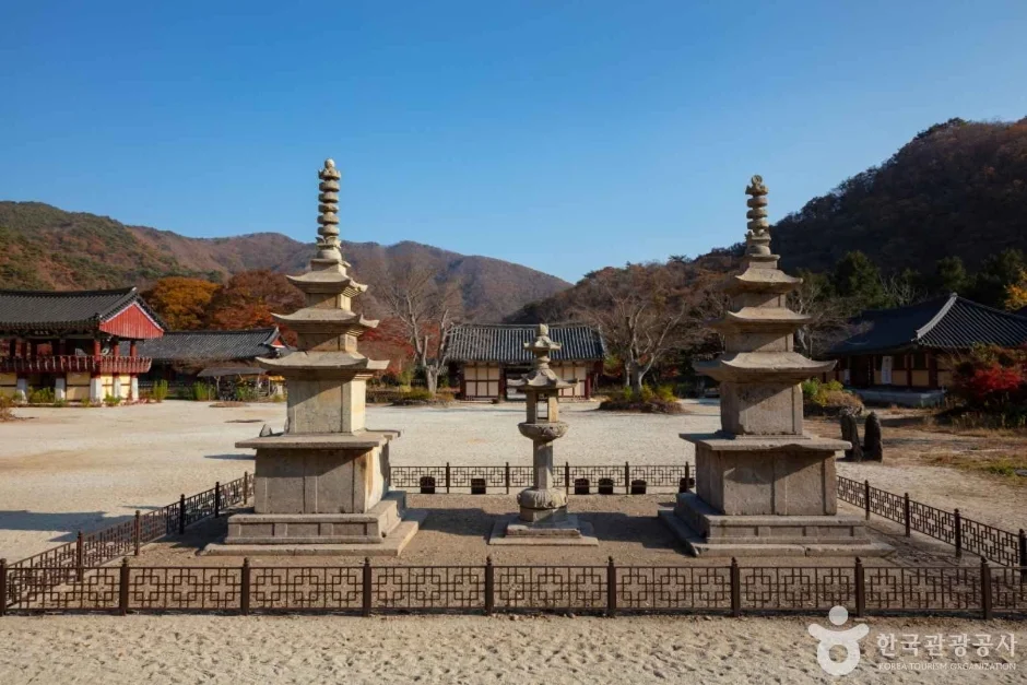 넓은 앞뜰에 나란히 선 두 석탑과 뒤로 이어진 산자락