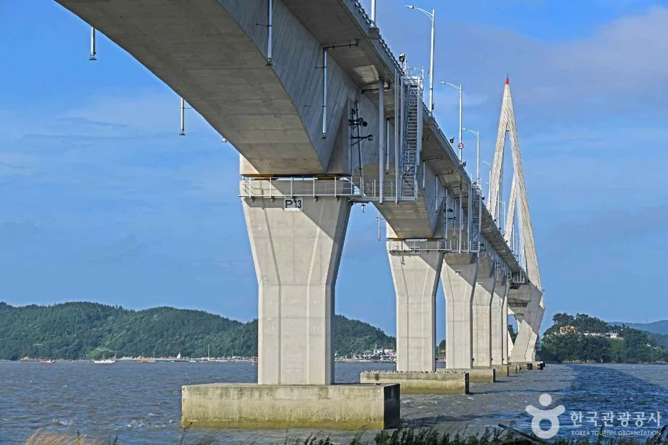 바다에 선 콘크리트 교각과 이어지는 칠산대교 상판