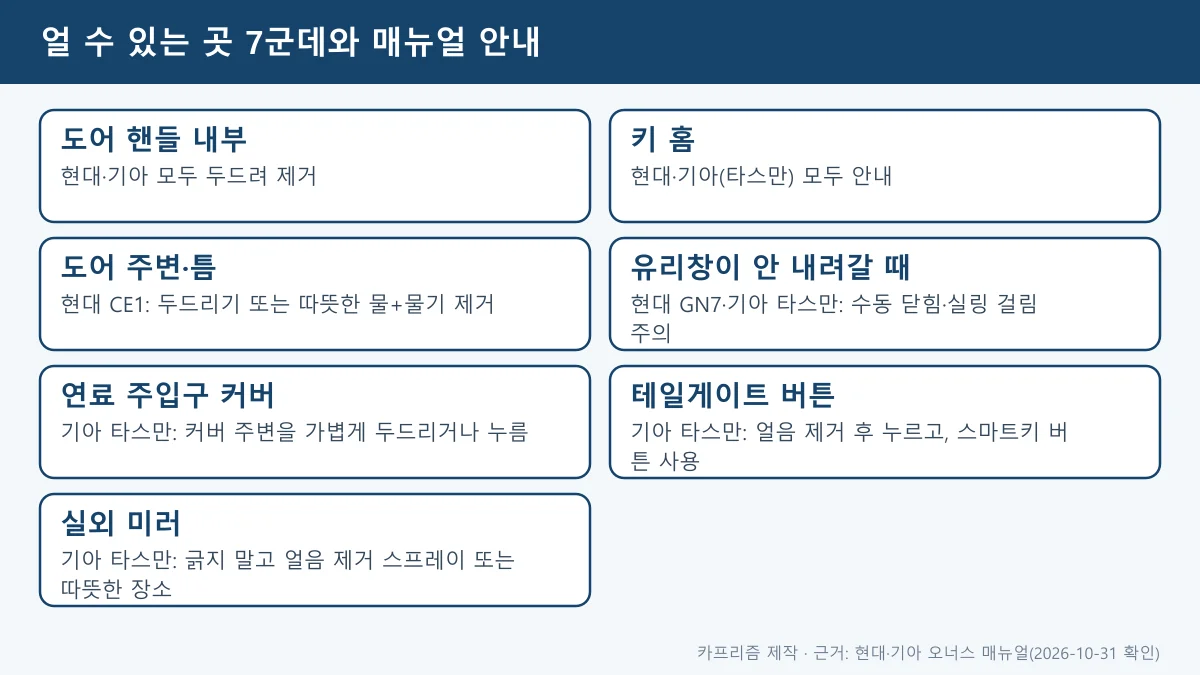 차문 얼어서 안 열릴 때 얼 수 있는 7곳(도어 핸들, 키 홈, 도어 주변, 유리창, 연료 주입구, 테일게이트 버튼, 미러)과 매뉴얼 안내를 정리한 도표
