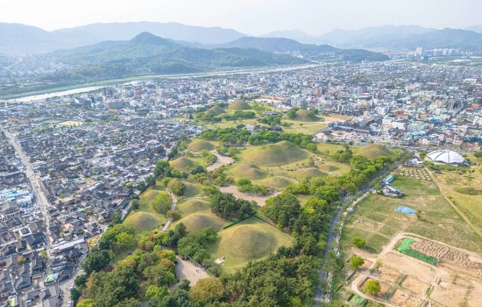 고분군과 주택가가 이어진 경주 시내를 위에서 본 대릉원 일대