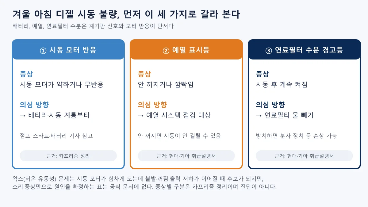 디젤차 겨울 시동 불량 원인을 시동 모터 반응, 예열 표시등, 연료필터 수분 경고등 세 가지로 나눈 도표