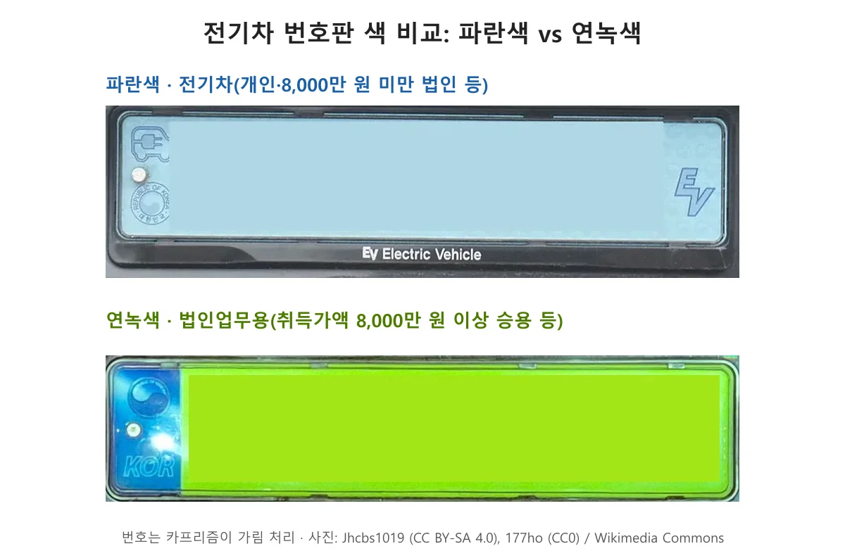 전기차 파란 번호판과 법인업무용 연녹색 번호판의 색을 나란히 비교한 모습(번호는 가림 처리)