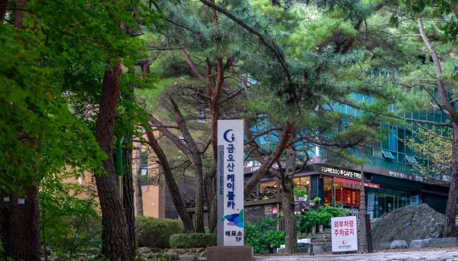 소나무 사이 금오산 케이블카 매표소 표지판