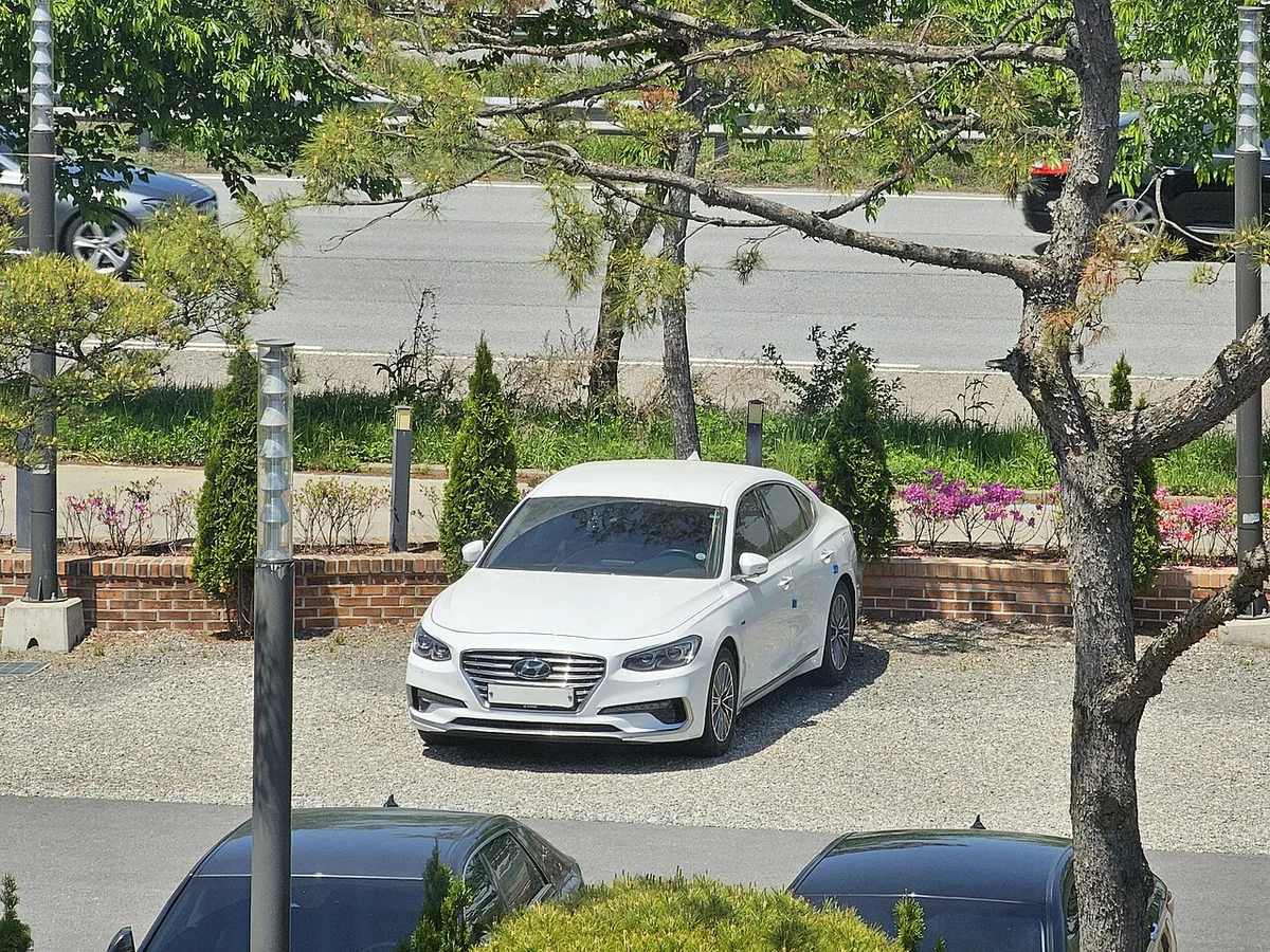 흰색 현대 그랜저 하이브리드 IG의 앞쪽 3/4 모습, 고전압 배터리 평생 보증 표기 대상 모델