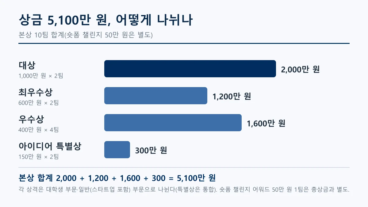 상격별 합계 상금을 막대로 나타낸 도표: 대상 2,000만 원, 최우수상 1,200만 원, 우수상 1,600만 원, 아이디어 특별상 300만 원, 합계 5,100만 원
