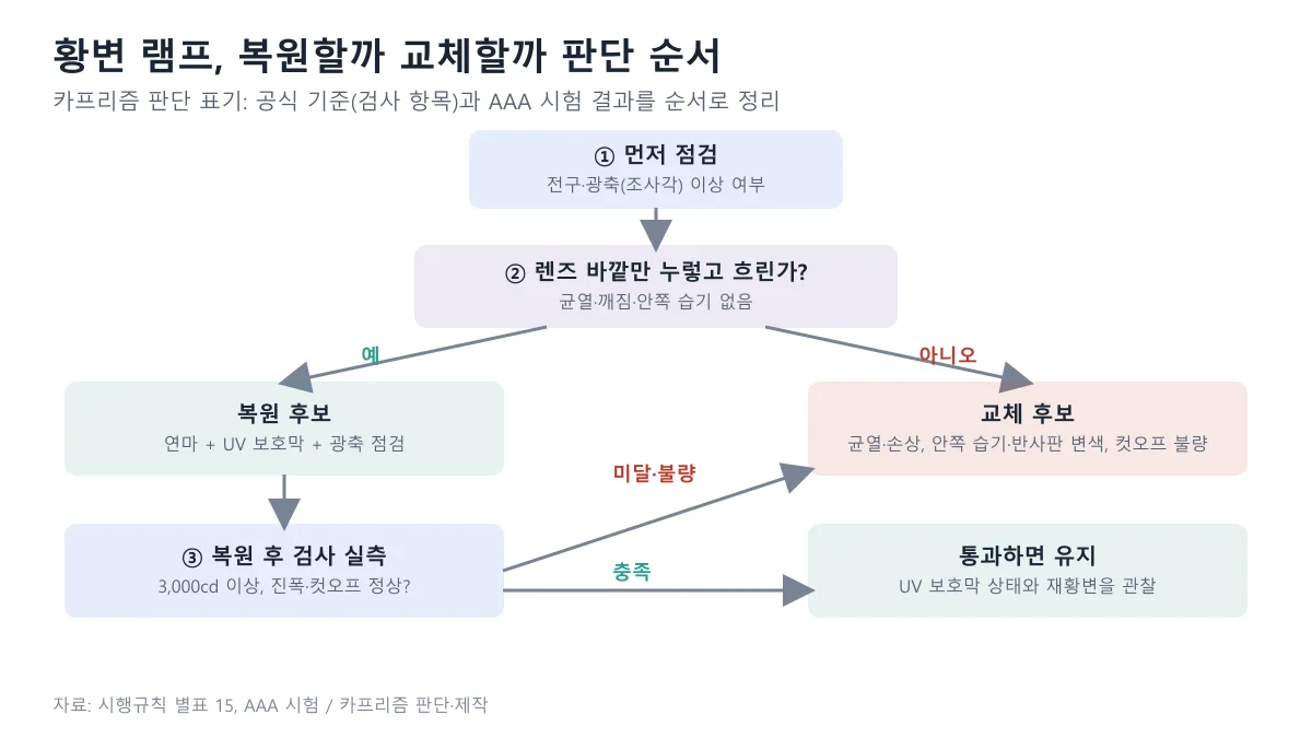 헤드라이트 황변 복원할지 교체할지 전구·광축 점검, 렌즈 상태 확인, 복원 후 검사 실측 순서로 정리한 판단 순서도