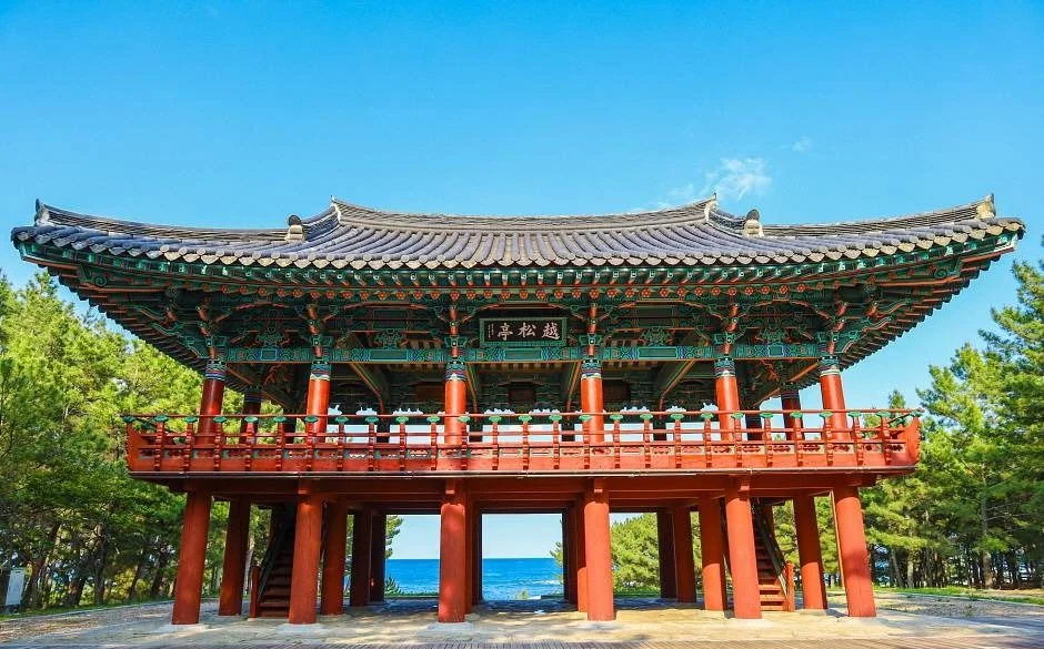 붉은 기둥과 푸른 단청의 월송정 누각과 소나무