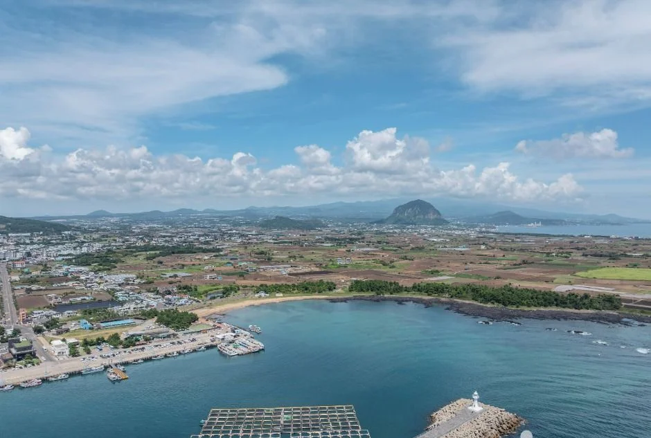 항구와 마을 너머로 산방산이 보이는 운진항 일대 전경