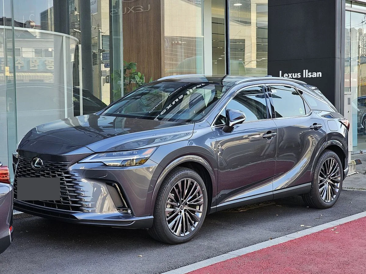 일산 전시장 앞에 선 회색 렉서스 RX 350h AWD 전측면, 번호판은 가림