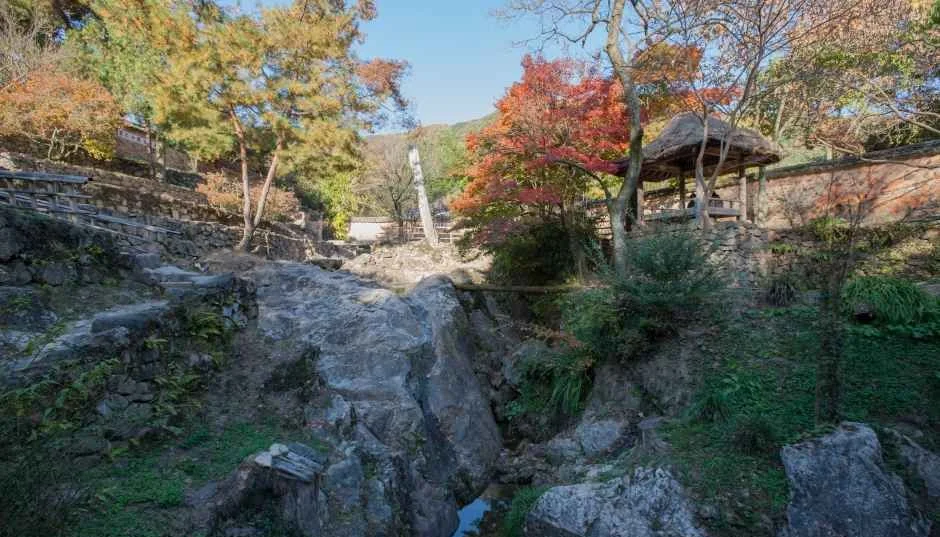 바위 틈 사이로 물이 흐르는 계곡과 주변의 나무