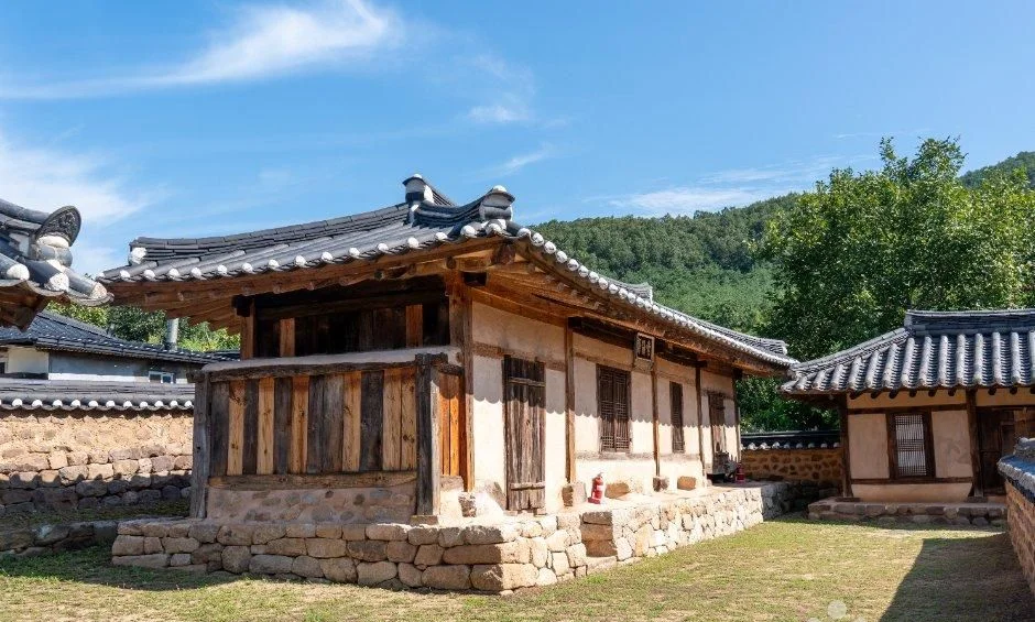 돌 기단 위에 서 있는 한옥 건물과 연잎