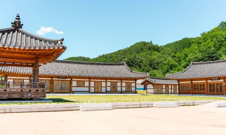 산을 배경으로 한 한옥 건물군