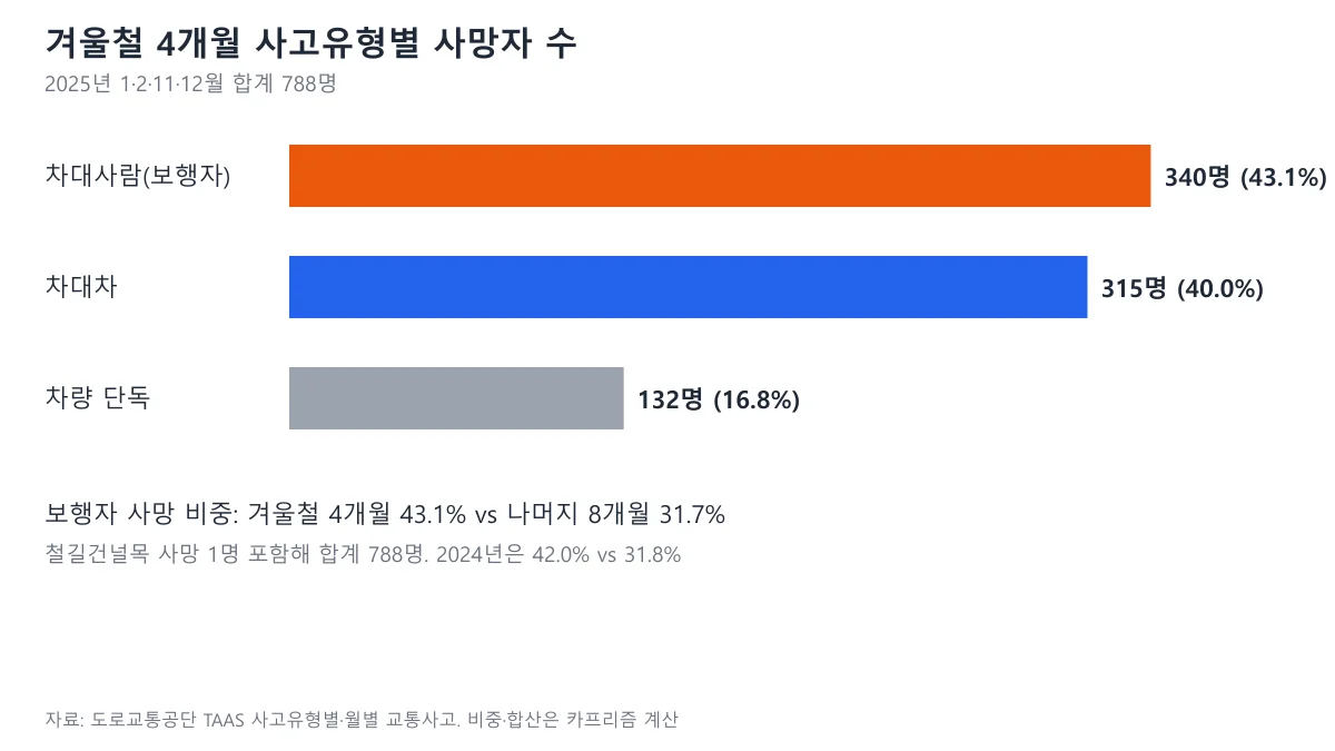 겨울철 4개월 사고유형별 사망자 수 가로 막대 도표, 차대사람 340명 차대차 315명 차량 단독 132명