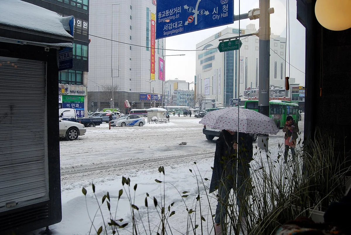 눈이 쌓인 서울 도심 도로와 우산을 쓴 보행자, 겨울철 교통사고 사망자 통계 기사 대표 사진