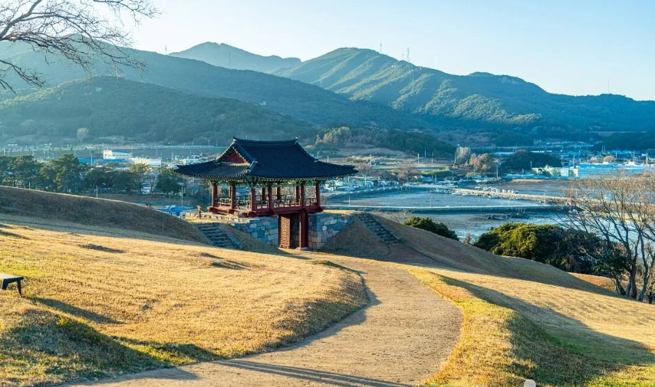 풀밭 언덕길 끝의 정자와 멀리 산과 마을이 보이는 장도 청해진 유적