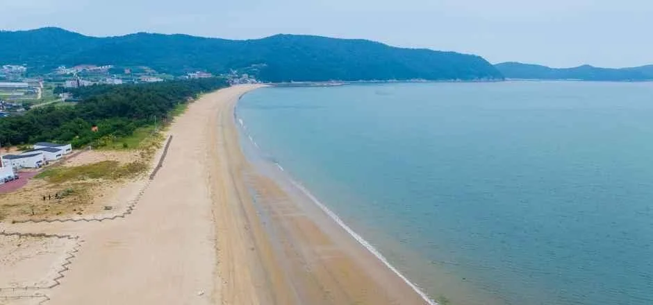 완만하게 휘어진 모래 해안과 푸른 바다, 뒤로 산이 이어지는 항공 사진