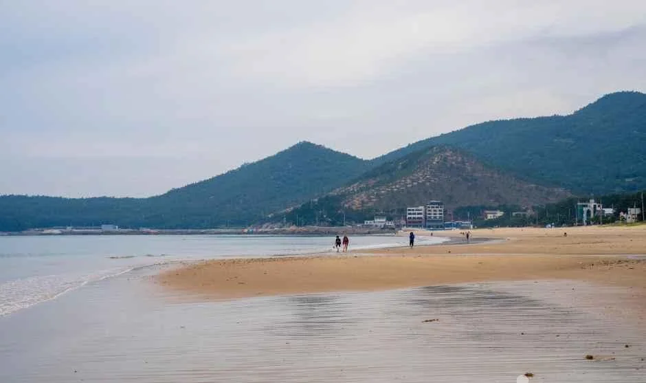물이 빠진 넓은 모래 해변을 걷는 사람들과 뒤쪽 산