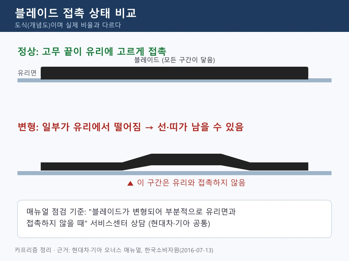 와이퍼 줄무늬 닦이지 않는 띠 원인, 블레이드 정상 접촉과 변형 접촉 비교 도식