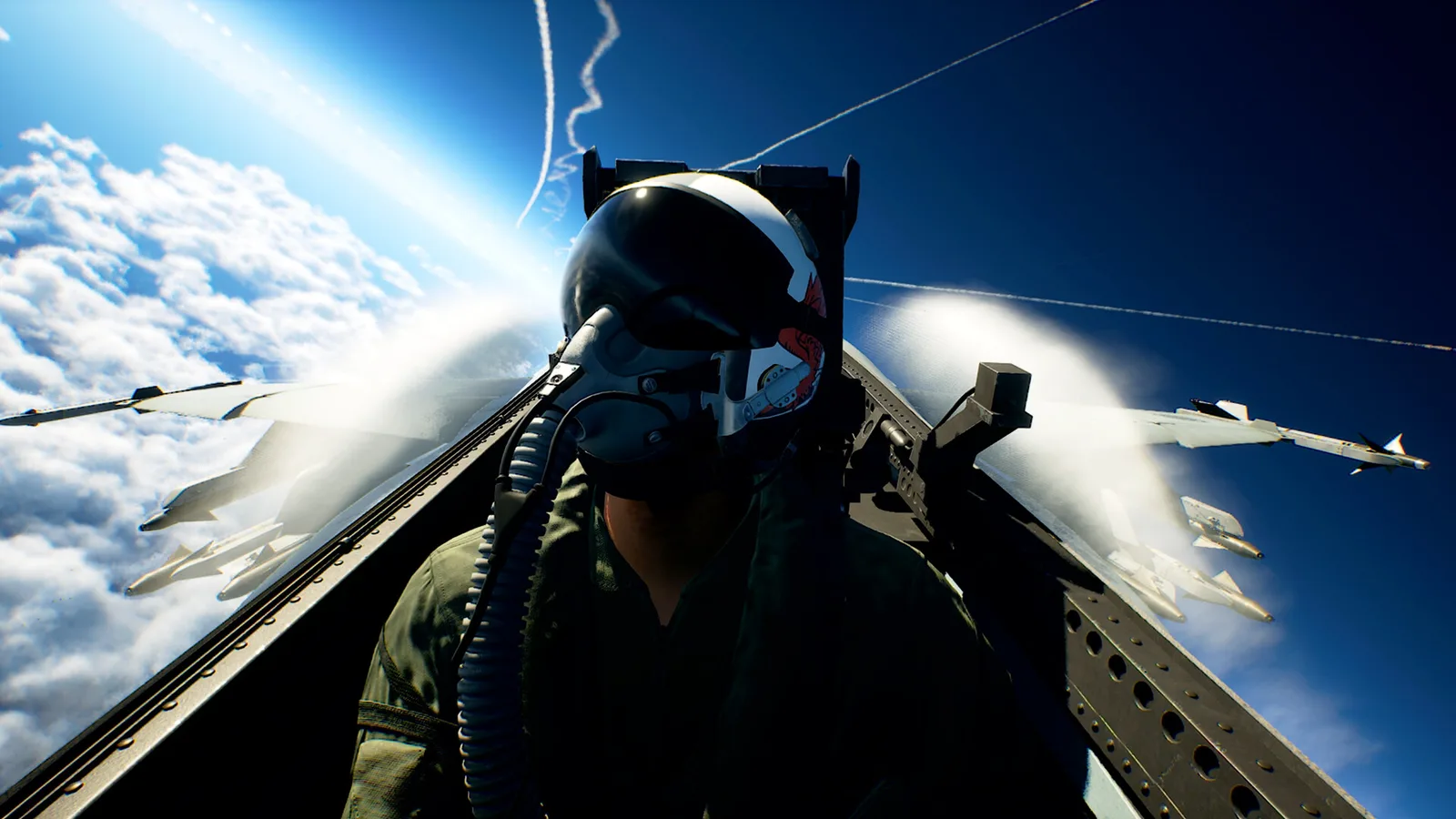 에이스 컴뱃 8의 조종석 시점 화면 — 조종사가 헬멧을 쓰고 고고도를 비행 중이다