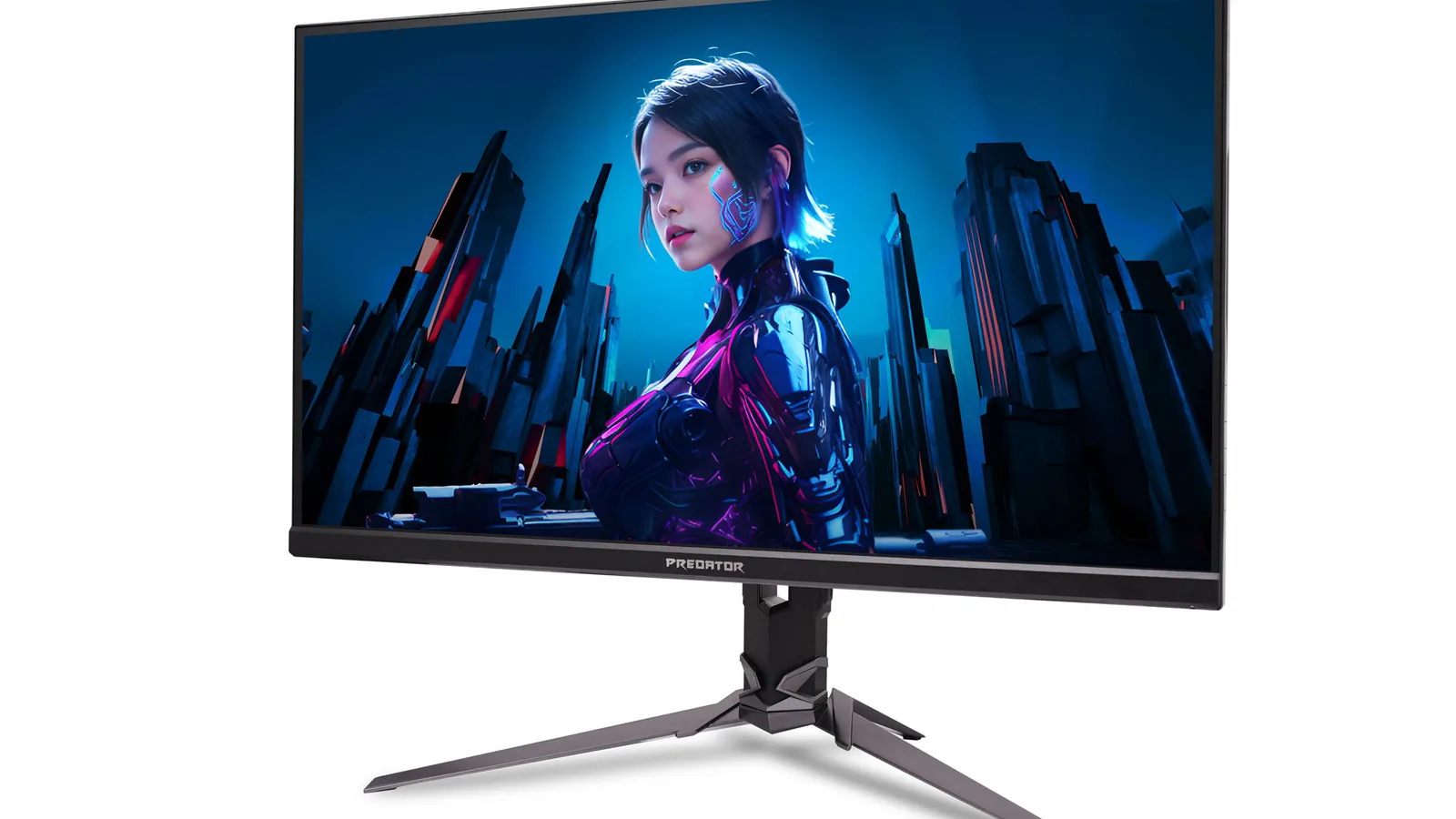 에이서 프레데터 XB253Q U1 게이밍 모니터 공식 제품 이미지 - 사이버펑크 여성 캐릭터 화면이 표시된 검은색 모니터가 삼각대 스탠드 위에 놓여있는 모습, 하단에 PREDATOR 로고