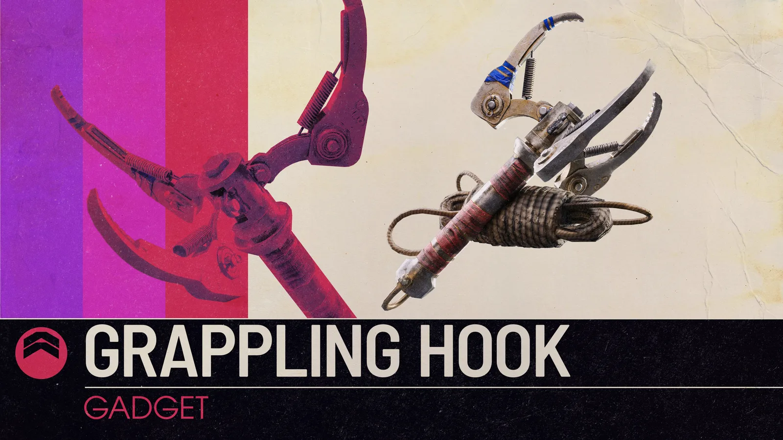 밧줄과 갈고리로 이뤄진 신규 이동 장비 '그래플링 훅' 두 종의 클로즈업 이미지, 하단에 'GRAPPLING HOOK - GADGET' 문구가 적혀 있다