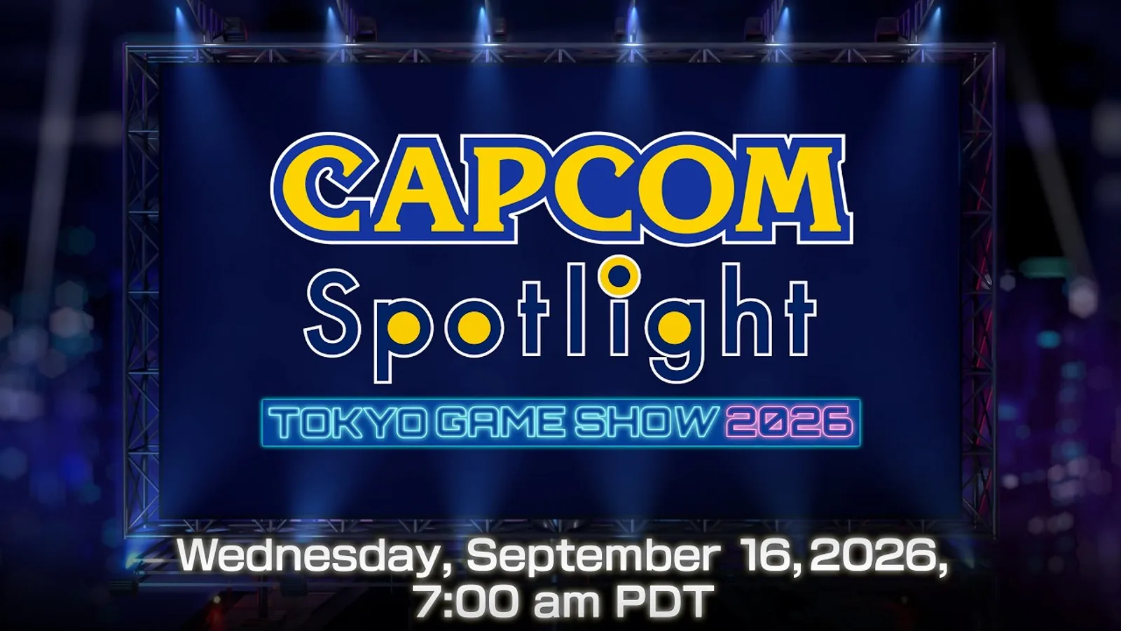 캡콤 스포트라이트 TGS 2026 공식 안내 이미지 - 파란 조명 무대 위 대형 스크린에 CAPCOM Spotlight TOKYO GAME SHOW 2026 로고와 9월 16일 방송 일정이 표시된 모습