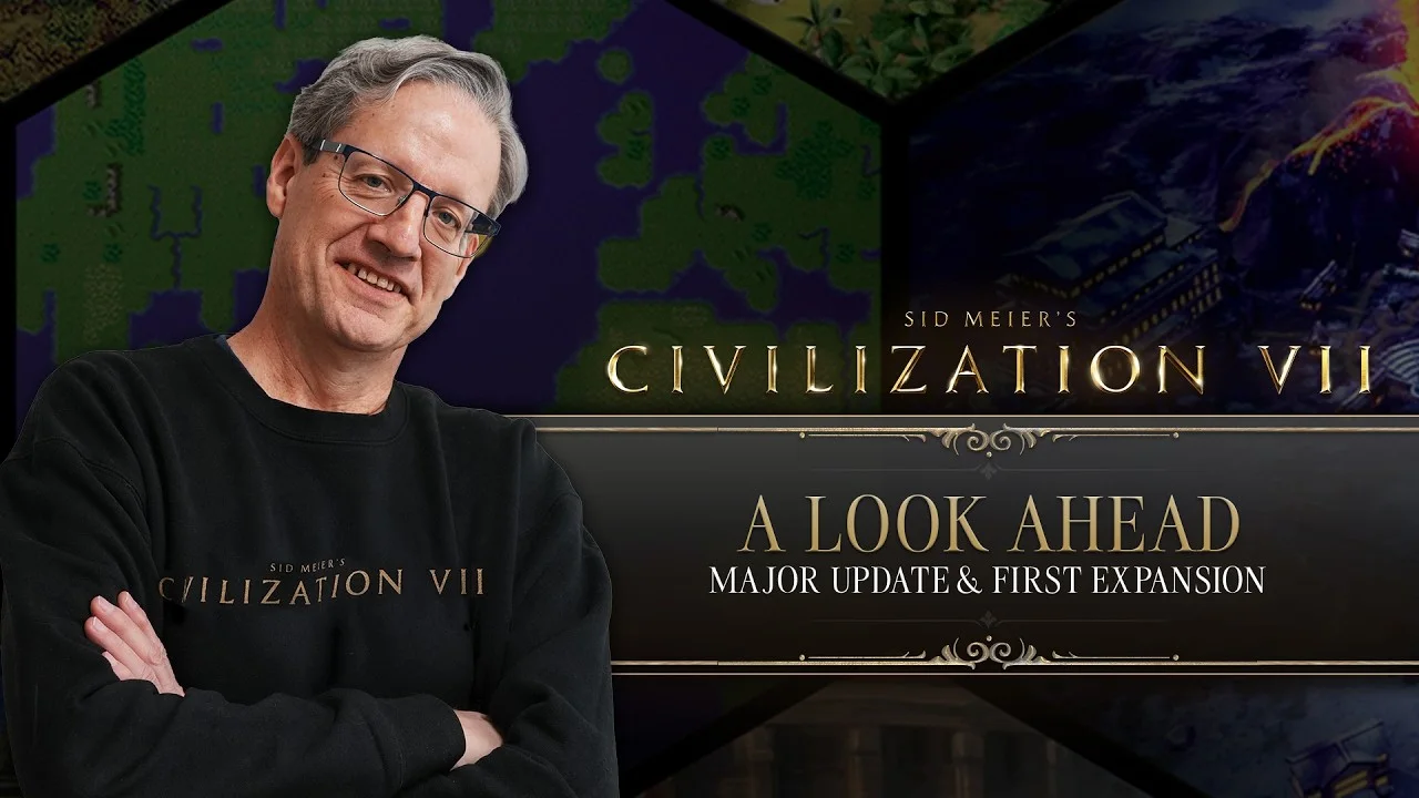 문명 7 개발자 프리뷰 영상 화면 — 'A LOOK AHEAD, MAJOR UPDATE & FIRST EXPANSION' 문구