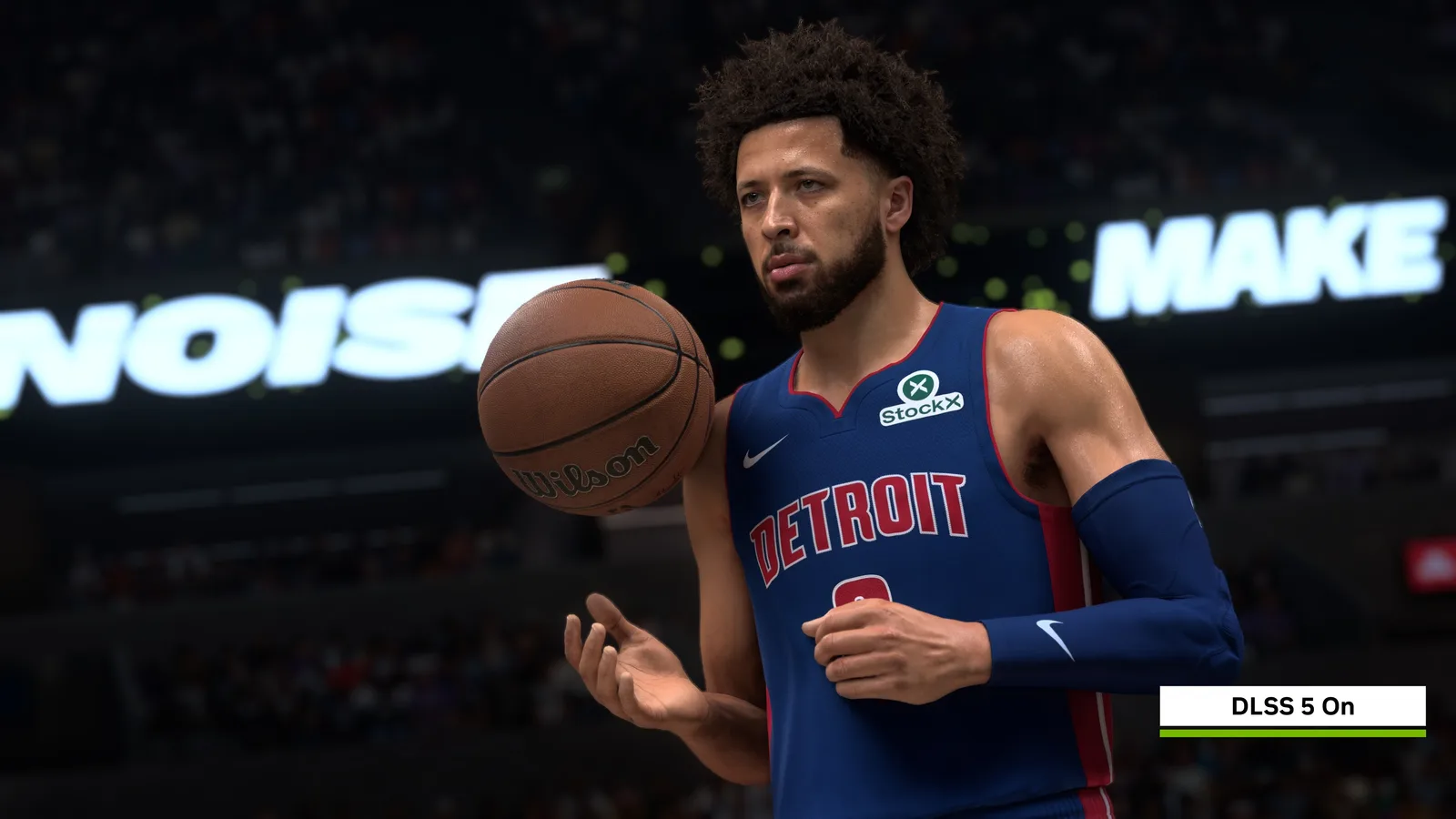 NBA 2K27에서 DLSS 5 신경 렌더링을 켠 선수 모델 클로즈업