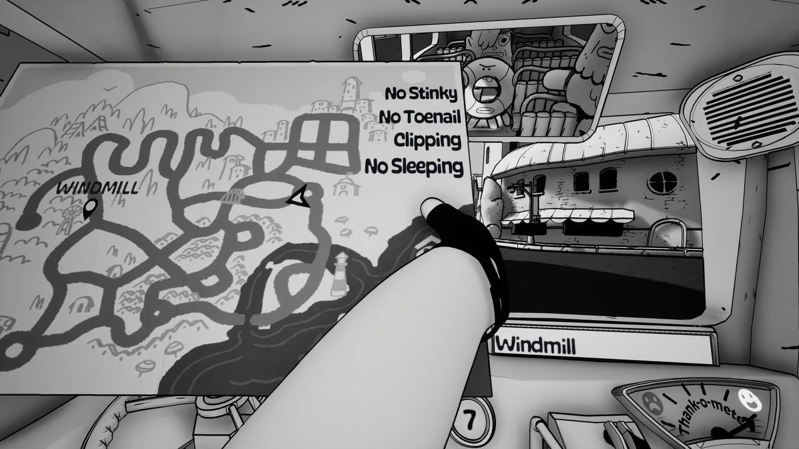 버스 안 노선도 옆에 'No Stinky', 'No Toenail Clipping', 'No Sleeping' 규칙이 붙어 있다