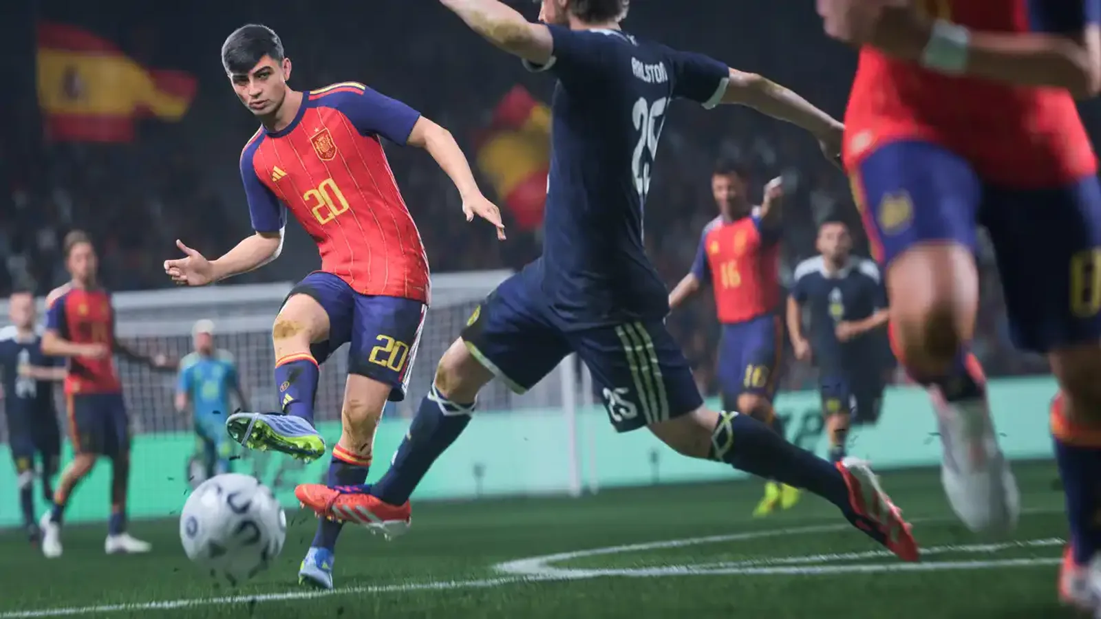 EA SPORTS FC 27 실제 경기 게임플레이 스크린샷 - 스페인 대표팀 선수가 상대 수비수를 앞에 두고 드리블을 시도하는 장면