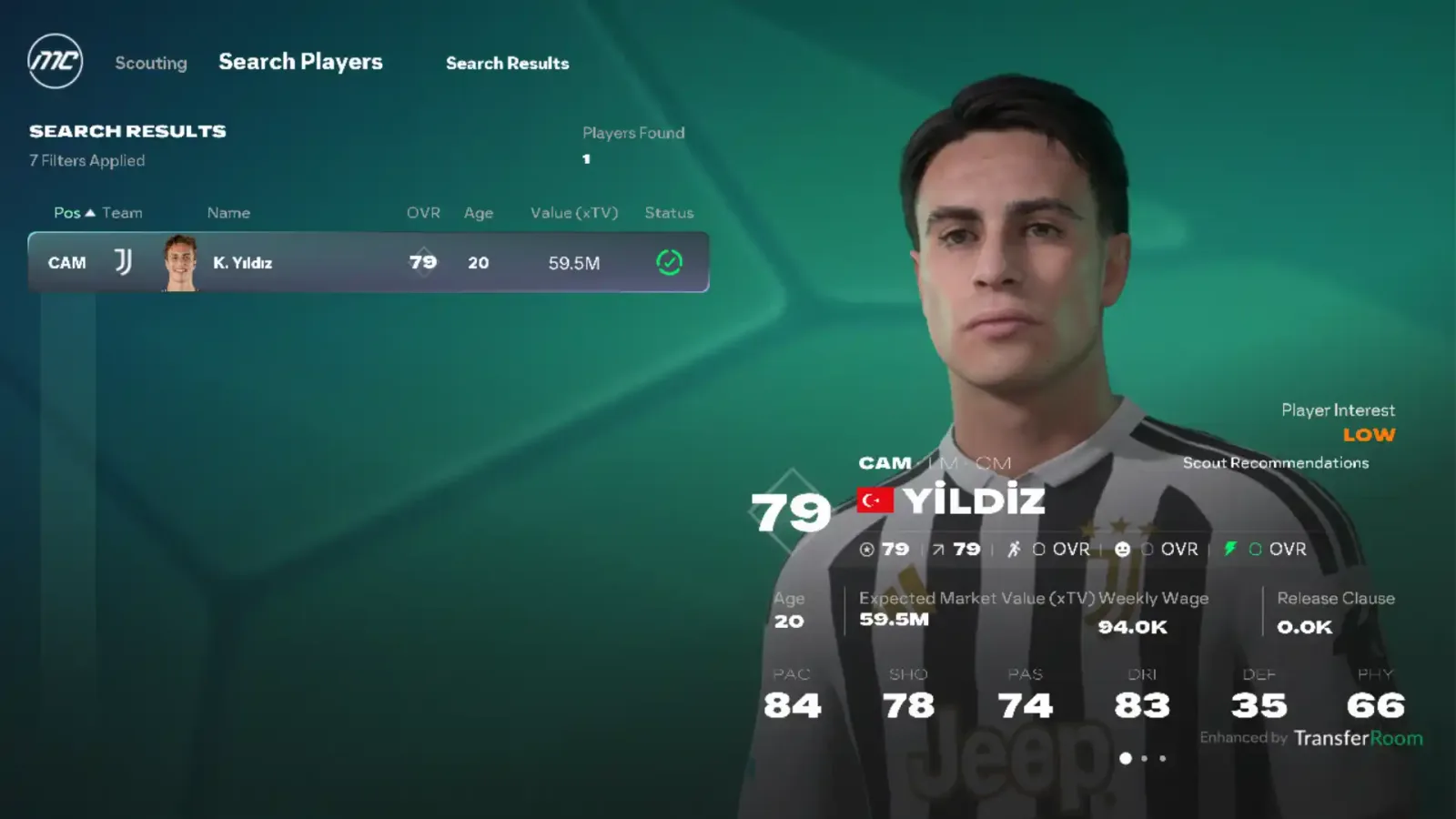 EA SPORTS FC 27 매니저 커리어 모드 스카우팅 화면 - TransferRoom 데이터 기반의 기대 이적가치(xTV)와 선수 능력치가 표시된 카드
