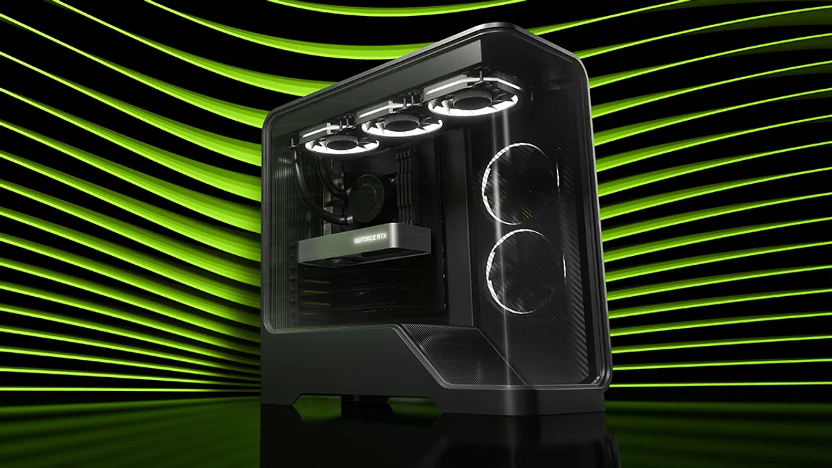 지포스 RTX 그래픽카드가 장착된 투명 케이스 PC 사진 - 초록색 조명이 새어나오는 게이밍 PC 내부 모습