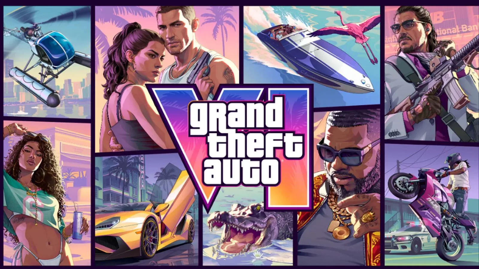 GTA6 공식 커버 아트, 바이스 시티를 배경으로 두 주인공이 오토바이와 함께 서 있는 모습