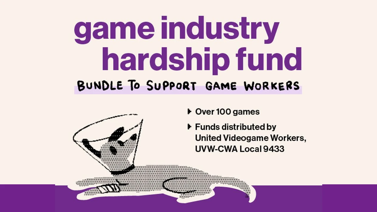 itch.io 'Game industry hardship fund' 번들 공식 포스터, 게임업계 노동자를 돕는 자선 번들이라는 문구와 일러스트