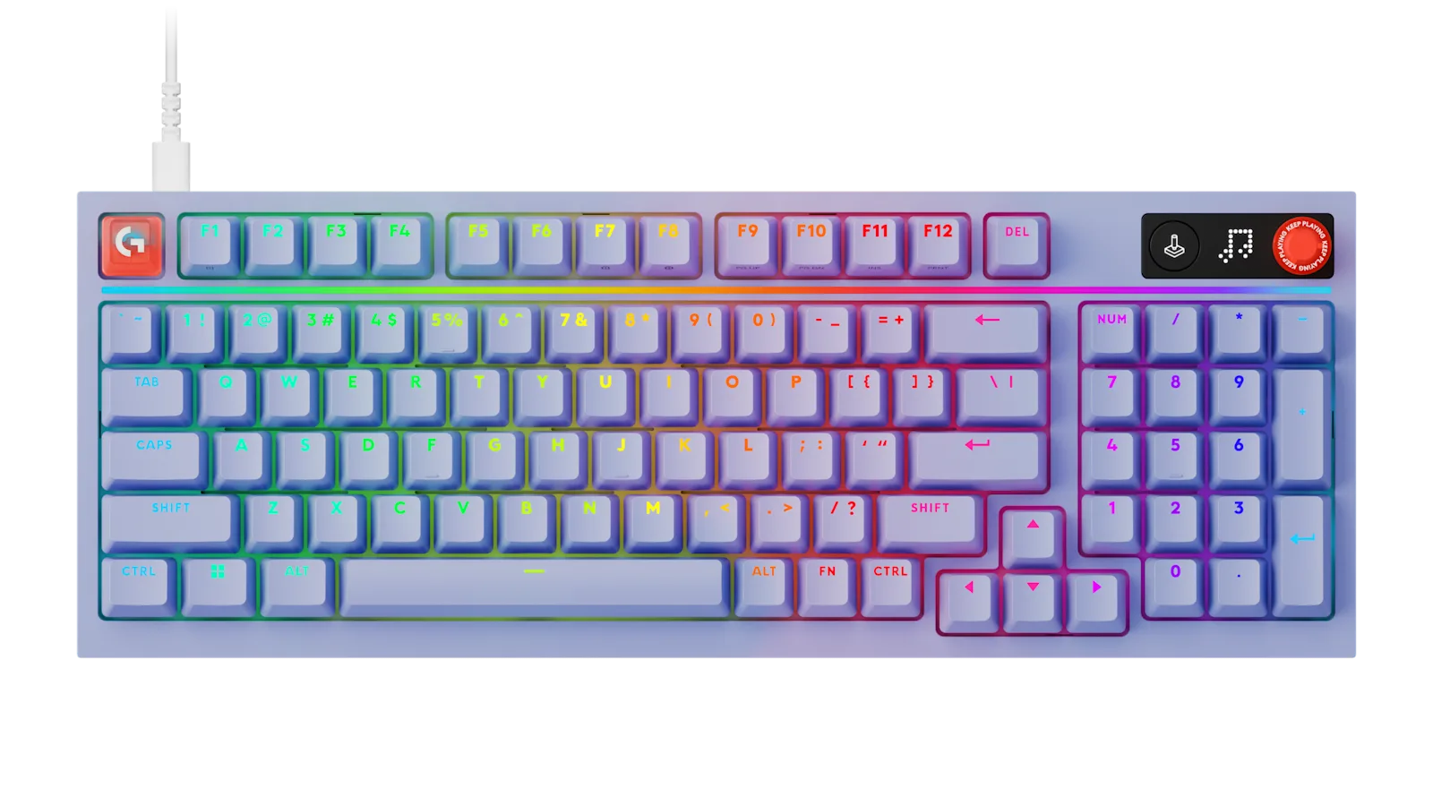 로지텍 G316X 98 라일락 키보드를 위에서 내려다본 제품샷, 98키 풀배열과 숫자패드, RGB 무지개 조명이 보인다