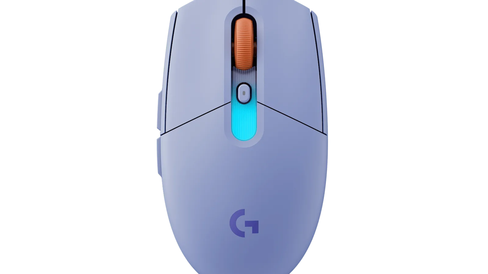 로지텍 G304X 수퍼라이트 라일락 마우스를 위에서 내려다본 제품샷, 주황색 스크롤 휠과 청록색 LED 포인트가 보인다
