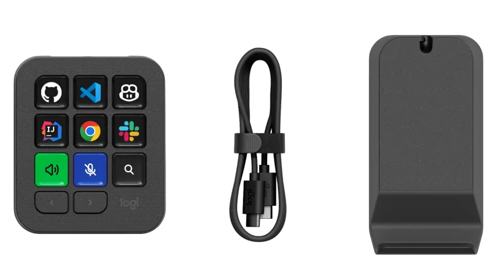 로지텍 MX Keypad 구성품 - GitHub, VS Code, Discord, IntelliJ, Chrome, Slack 아이콘이 표시된 키패드와 USB-C 케이블, 거치대