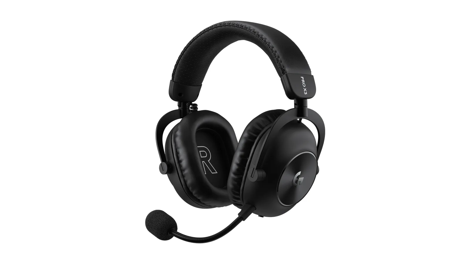 흰 배경 위 로지텍 G PRO X3 LIGHTSPEED 무선 헤드셋 블랙 모델, 분리형 붐 마이크가 달려 있다