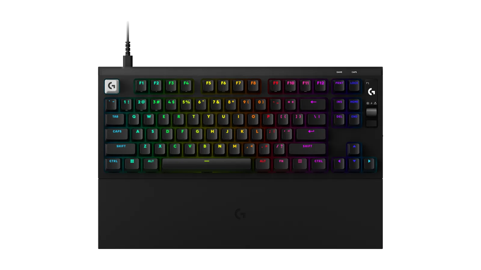 흰 배경 위 로지텍 G PRO X2 RAPID 유선 텐키리스 키보드, RGB 조명이 켜진 키캡과 손목 받침대가 보인다