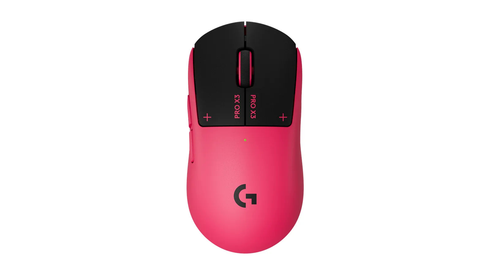 흰 배경 위에 놓인 마젠타 색상 로지텍 G PRO X3 SUPERSTRIKE 마우스를 위에서 본 제품샷, 버튼에 PRO X3 글자와 G 로고가 보인다