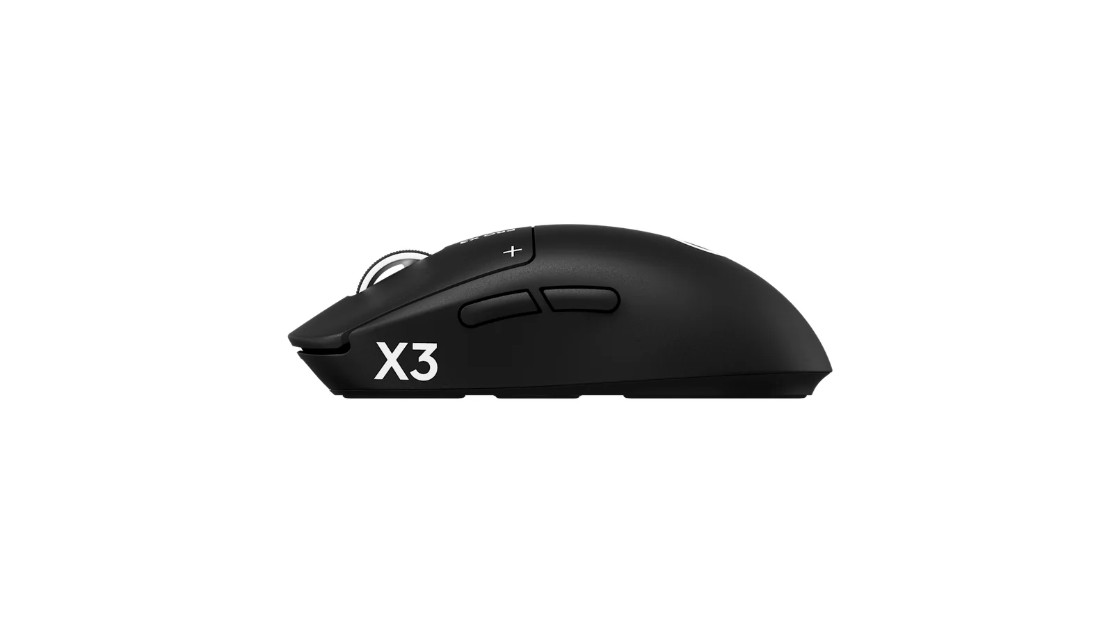 로지텍 G PRO X3 SUPERSTRIKE 마우스의 왼쪽 옆면 제품샷, 두 개의 사이드 버튼과 X3 로고, 스크롤 휠이 보인다