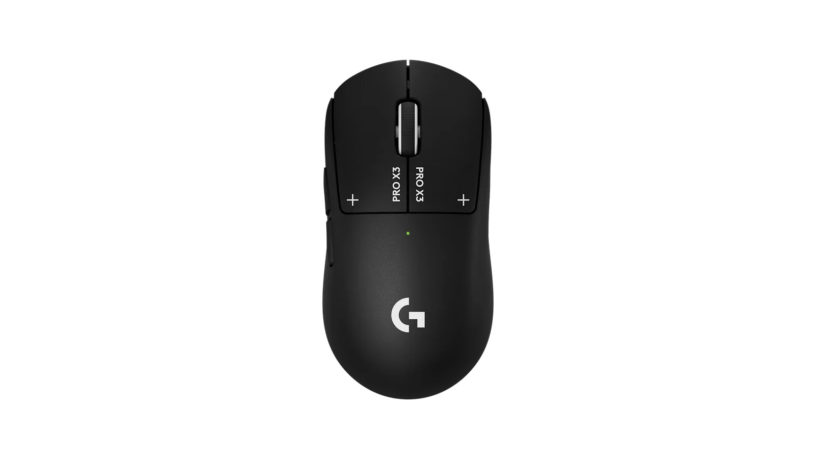 로지텍 G PRO X3 SUPERSTRIKE 마우스를 위에서 내려다본 제품샷, 좌우 버튼에 PRO X3 글자와 G 로고가 보인다