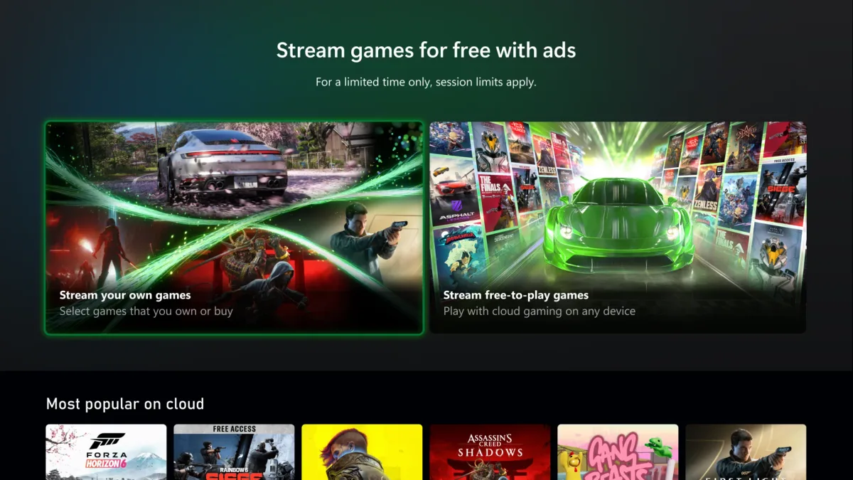 Xbox 클라우드 게이밍 화면 캡처 - '광고 시청 시 게임 무료 스트리밍'(Stream games for free with ads) 문구와 함께 게임 목록이 나열된 인터페이스