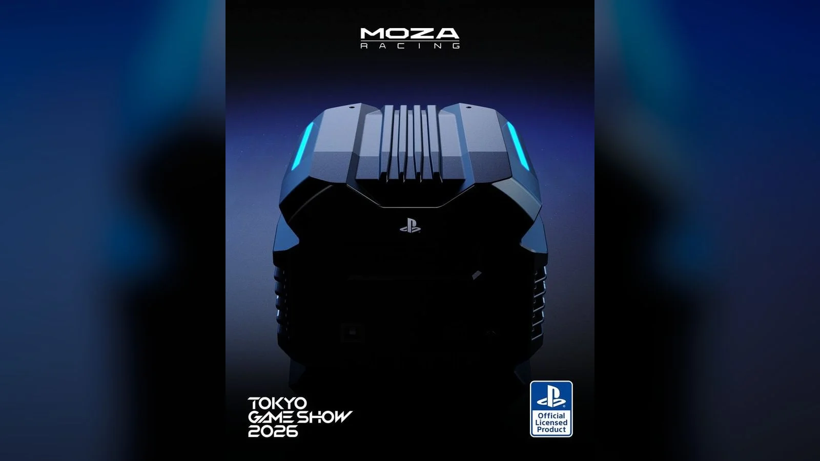 MOZA PS5 다이렉트 드라이브 휠 티저 이미지 - 어두운 배경 속 실루엣으로 표현된 휠베이스와 PlayStation 로고, TOKYO GAME SHOW 2026 문구