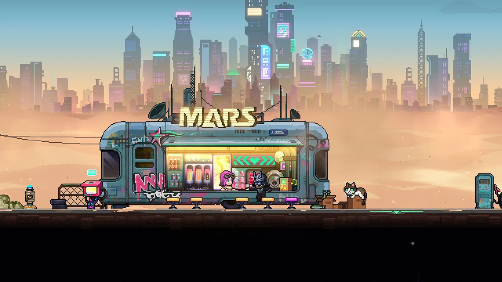 네온 어비스 2 허브 지역의 'MARS' 간판이 걸린 바 장면, 사막을 배경으로 한 트레일러 형태의 술집에 캐릭터들과 고양이가 모여 있다