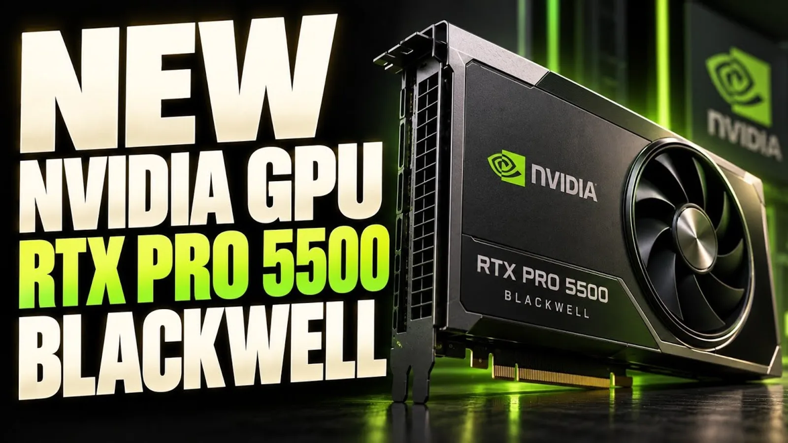 엔비디아 RTX PRO 5500 그래픽카드 렌더링 이미지 - 검은색 방열판과 녹색 엔비디아 로고가 새겨진 워크스테이션용 그래픽카드