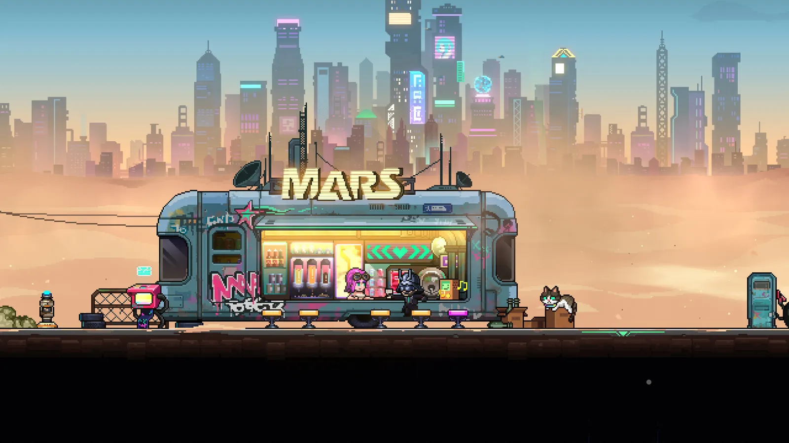 네온 어비스 2의 허브 지역, 사막 한가운데 놓인 MARS 간판의 트레일러 바